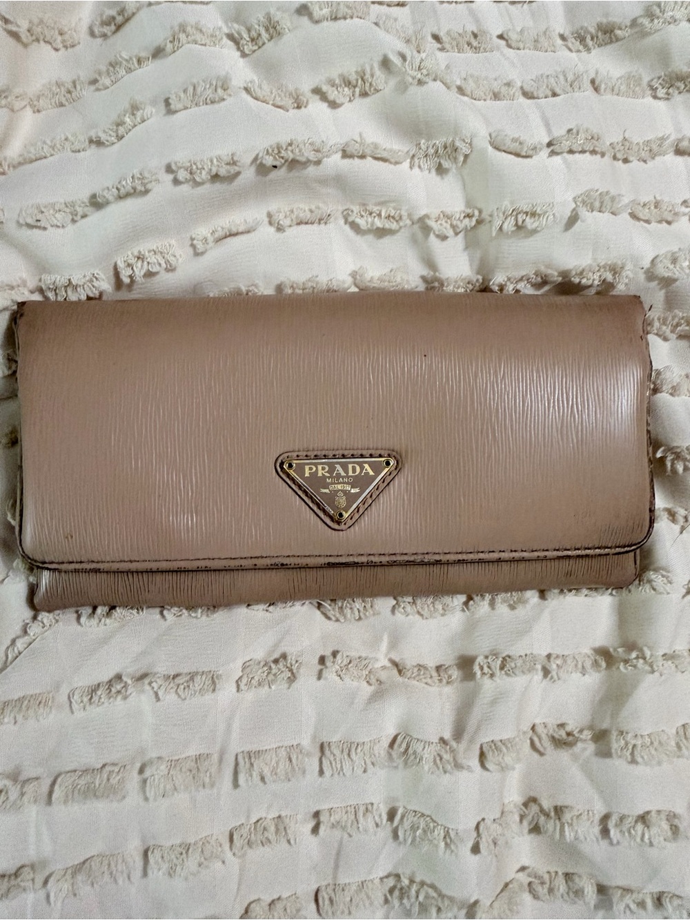 Prada Beige Leather Triangular Logo Wallet